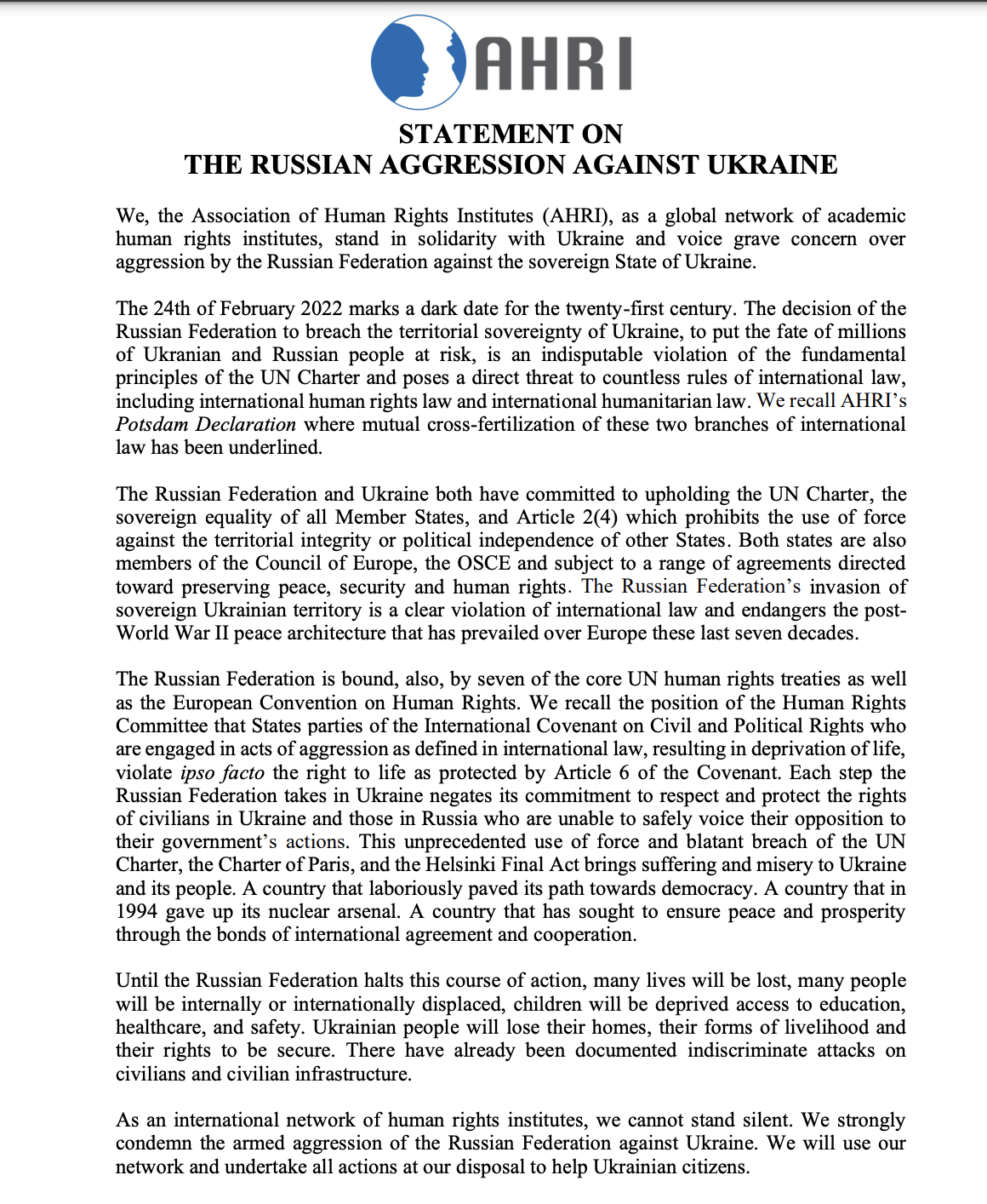 AHRI Statement Ukraine